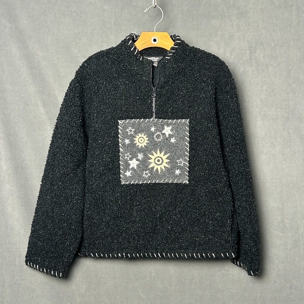 Vtg Woolrich Celestial Fleece Pullover Womens M Charcoal Gray Sun Star 1/4 Zip
